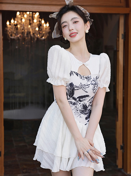 Round Neck Hollow Stitching Printed Lantern Sleeve Solid Color Conservative Short-Sleeved One-Piece Swimsuit