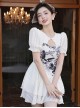 Round Neck Hollow Stitching Printed Lantern Sleeve Solid Color Conservative Short-Sleeved One-Piece Swimsuit