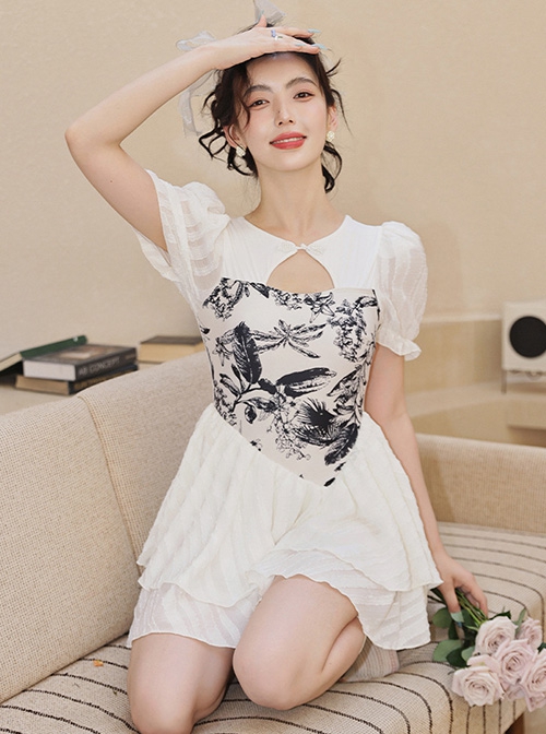 Round Neck Hollow Stitching Printed Lantern Sleeve Solid Color Conservative Short-Sleeved One-Piece Swimsuit