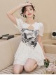 Round Neck Hollow Stitching Printed Lantern Sleeve Solid Color Conservative Short-Sleeved One-Piece Swimsuit