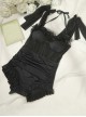 Black Translucent Three-Dimensional Flower Decoration Sexy Sleeveless One-Piece Swimsuit Two-Piece Set