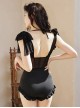 Black Translucent Three-Dimensional Flower Decoration Sexy Sleeveless One-Piece Swimsuit Two-Piece Set