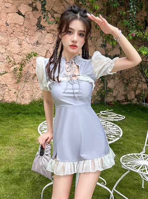 Retro Conservative Lacing Slits Puff Sleeves Split Three-Piece Swimsuit