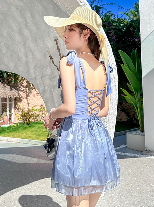 Pure Color Jacquard Slim-Fit Lacing Backless Sexy Fairy One-Piece Sleeveless Swimsuit