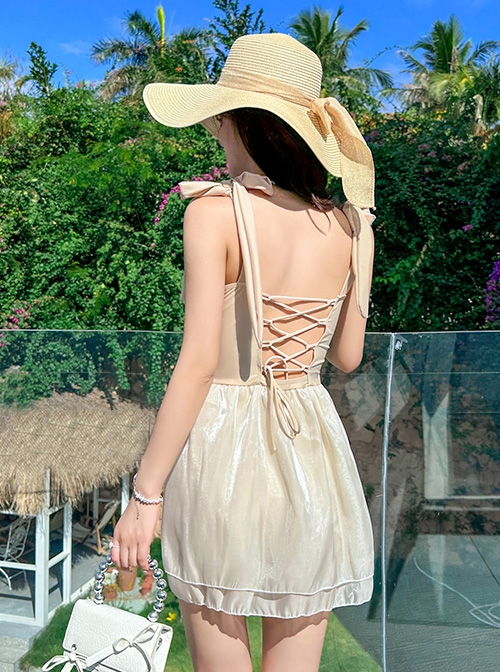 Pure Color Jacquard Slim-Fit Lacing Backless Sexy Fairy One-Piece Sleeveless Swimsuit