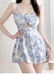 Blue-Purple Floral Hollow Lacing Sexy Summer Student One-Piece Sleeveless Swimsuit