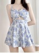 Blue-Purple Floral Hollow Lacing Sexy Summer Student One-Piece Sleeveless Swimsuit