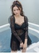 Summer Retro Black Hollow Lace Translucent Sunscreen Long-Sleeved One-Piece Swimsuit