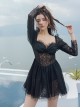 Summer Retro Black Hollow Lace Translucent Sunscreen Long-Sleeved One-Piece Swimsuit