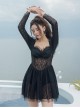 Summer Retro Black Hollow Lace Translucent Sunscreen Long-Sleeved One-Piece Swimsuit