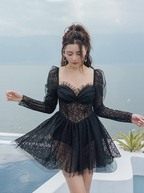 Summer Retro Black Hollow Lace Translucent Sunscreen Long-Sleeved One-Piece Swimsuit