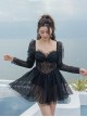 Summer Retro Black Hollow Lace Translucent Sunscreen Long-Sleeved One-Piece Swimsuit