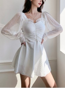 Solid Color Translucent Lantern Sleeve Sun Protection Conservative Fairy Long-Sleeved One-Piece Swimsuit