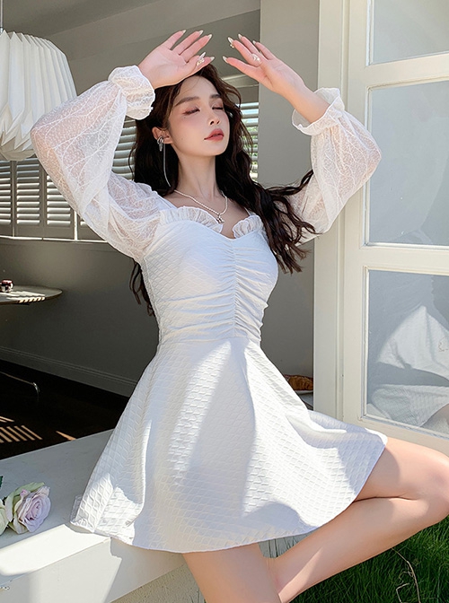 Solid Color Translucent Lantern Sleeve Sun Protection Conservative Fairy Long-Sleeved One-Piece Swimsuit