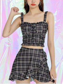 Brown Plaid Asymmetric Ruffled Skirt Summer Sleeveless Split Swimsuit