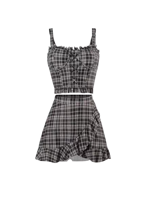 Brown Plaid Asymmetric Ruffled Skirt Summer Sleeveless Split Swimsuit