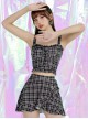 Brown Plaid Asymmetric Ruffled Skirt Summer Sleeveless Split Swimsuit