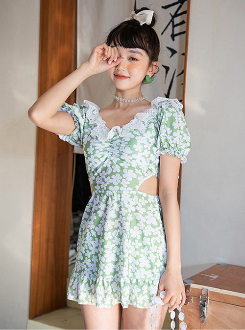 Sexy V-Neck Lace Backless Waist Hollow Design Green Floral Summer Short-Sleeved One-Piece Swimsuit