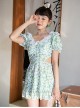 Sexy V-Neck Lace Backless Waist Hollow Design Green Floral Summer Short-Sleeved One-Piece Swimsuit