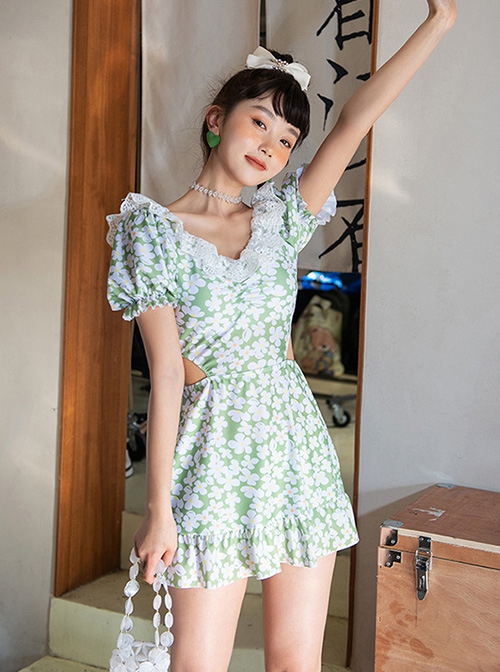 Sexy V-Neck Lace Backless Waist Hollow Design Green Floral Summer Short-Sleeved One-Piece Swimsuit