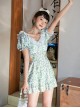 Sexy V-Neck Lace Backless Waist Hollow Design Green Floral Summer Short-Sleeved One-Piece Swimsuit