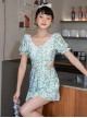 Sexy V-Neck Lace Backless Waist Hollow Design Green Floral Summer Short-Sleeved One-Piece Swimsuit