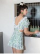 Sexy V-Neck Lace Backless Waist Hollow Design Green Floral Summer Short-Sleeved One-Piece Swimsuit