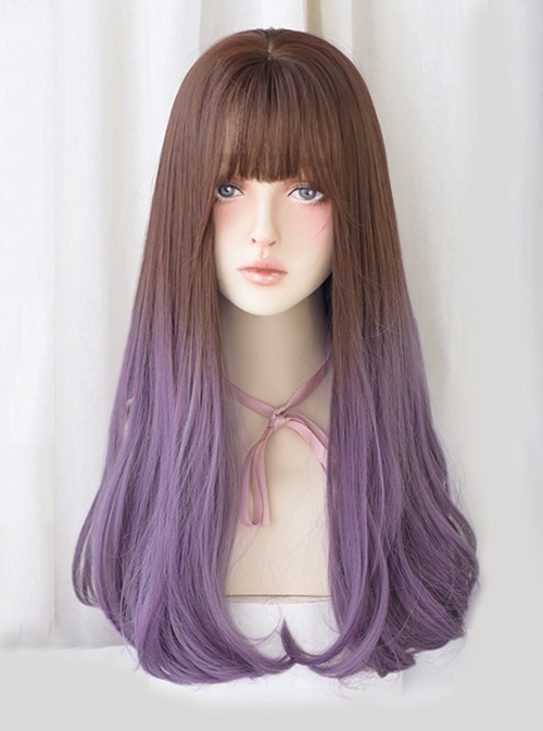 Brown Gradient Purple Fashion Micro Curly Long Hair Classic Lolita Wig