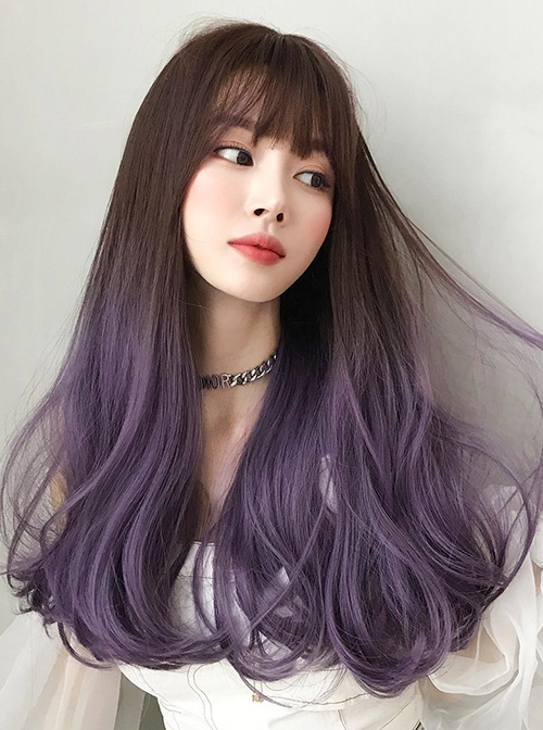 Brown Gradient Purple Fashion Micro Curly Long Hair Classic Lolita Wig