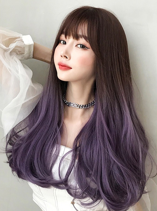 Brown Gradient Purple Fashion Micro Curly Long Hair Classic Lolita Wig