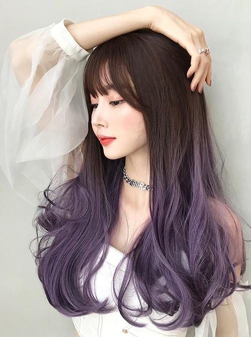 Brown Gradient Purple Fashion Micro Curly Long Hair Classic Lolita Wig