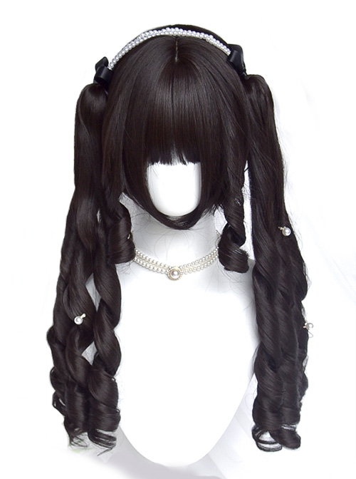 Fairy Tale Town Series Natural Black Retro Elegant Detachable Tiger's Mouth Clip Roman Curl Double Ponytail Lady Style Sweet Lolita Wig