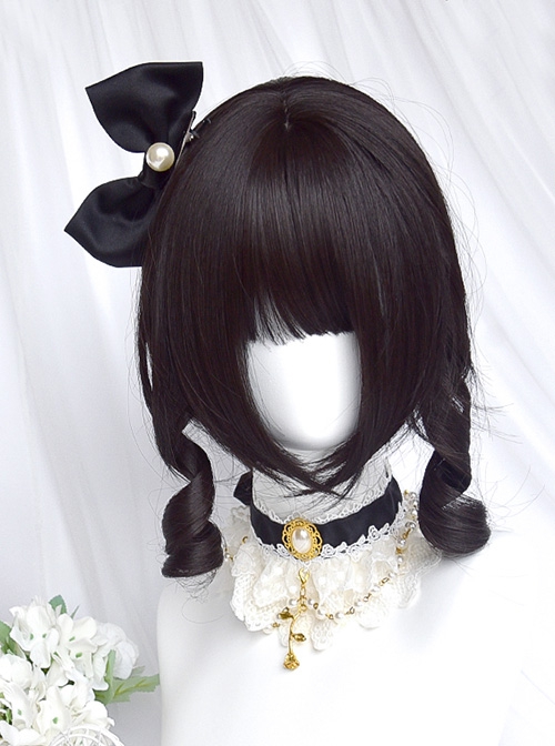 Fairy Tale Town Series Natural Black Retro Elegant Detachable Tiger's Mouth Clip Roman Curl Double Ponytail Lady Style Sweet Lolita Wig