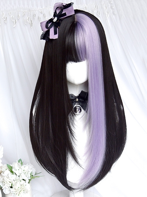 Aku Series Black Purple Color Matching Fashion Little Idol Long Straight Hair Classic Lolita Wig