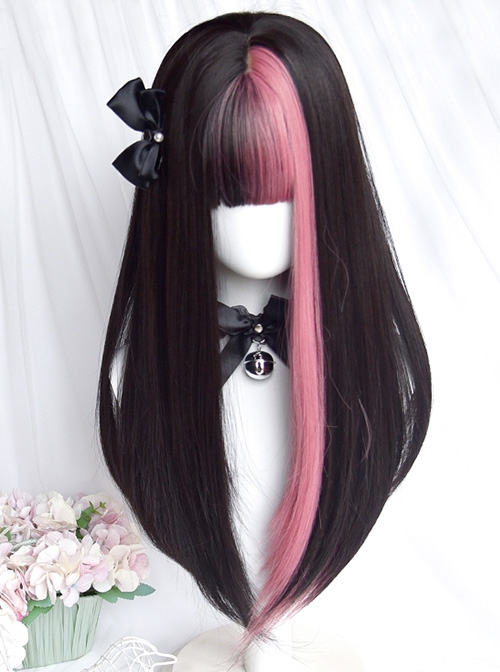 Black Strawberry Series Sweet-Cool Girl Black Pink Color Matching Long Straight Hair Classic Lolita Wig