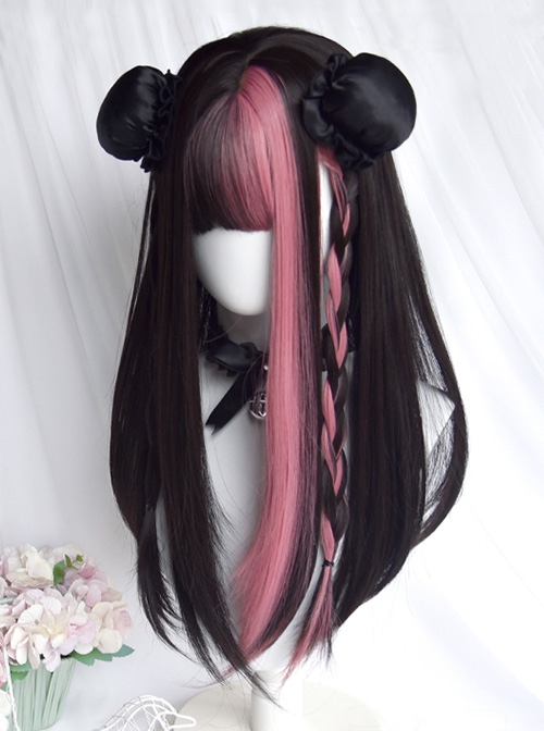 Black Strawberry Series Sweet-Cool Girl Black Pink Color Matching Long Straight Hair Classic Lolita Wig