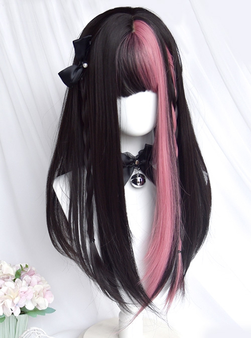 Black Strawberry Series Sweet-Cool Girl Black Pink Color Matching Long Straight Hair Classic Lolita Wig