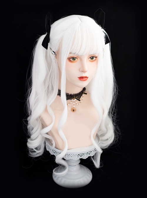 Pure White Natural Air Bangs Long Curly Hair Cool Girl Gothic Punk Style Classic Lolita Wig