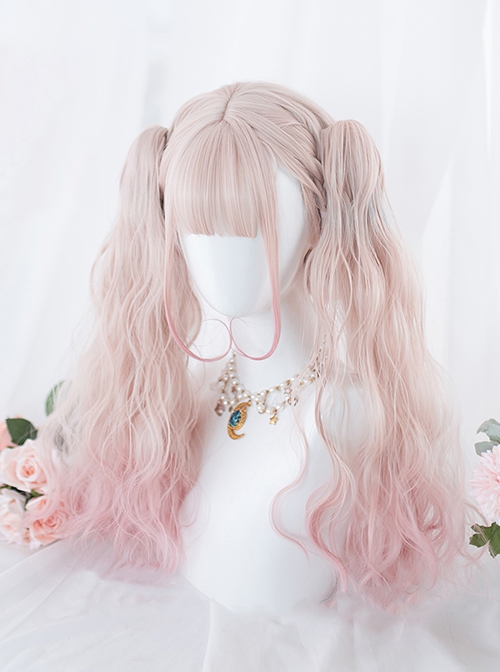 Sakura Puffs Series Pink Gradient Short Curly Hair Detachable Tiger's Mouth Clip Double Ponytail Sweet Lolita Wig