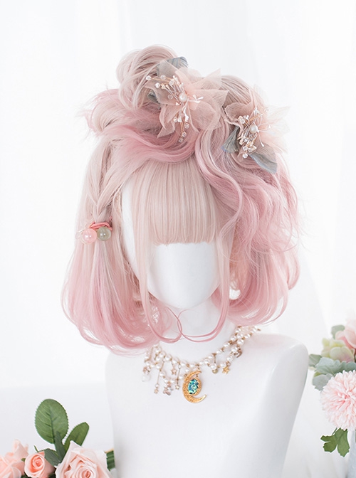 Sakura Puffs Series Pink Gradient Short Curly Hair Detachable Tiger's Mouth Clip Double Ponytail Sweet Lolita Wig