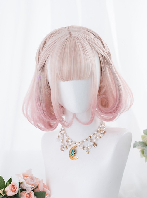 Sakura Puffs Series Pink Gradient Short Curly Hair Detachable Tiger's Mouth Clip Double Ponytail Sweet Lolita Wig