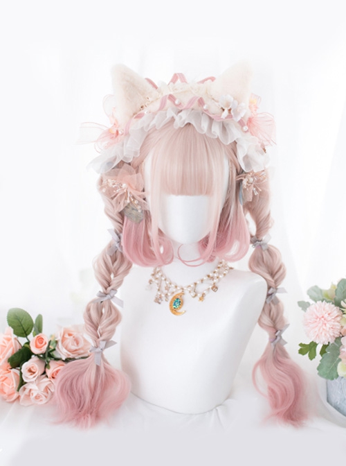 Sakura Puffs Series Pink Gradient Short Curly Hair Detachable Tiger's Mouth Clip Double Ponytail Sweet Lolita Wig