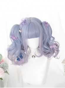 Blueberry Bubble Series Blue Purple Gradient Cute Short BOBO Head Detachable Tiger's Mouth Clip Long Curly Double Ponytail Sweet Lolita Wig