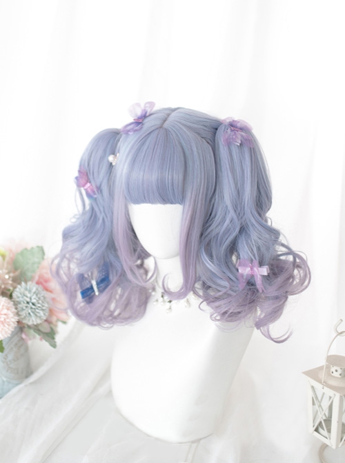 Blueberry Bubble Series Blue Purple Gradient Cute Short BOBO Head Detachable Tiger's Mouth Clip Long Curly Double Ponytail Sweet Lolita Wig