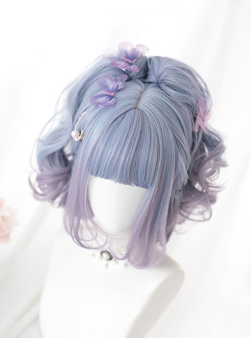 Blueberry Bubble Series Blue Purple Gradient Cute Short BOBO Head Detachable Tiger's Mouth Clip Long Curly Double Ponytail Sweet Lolita Wig