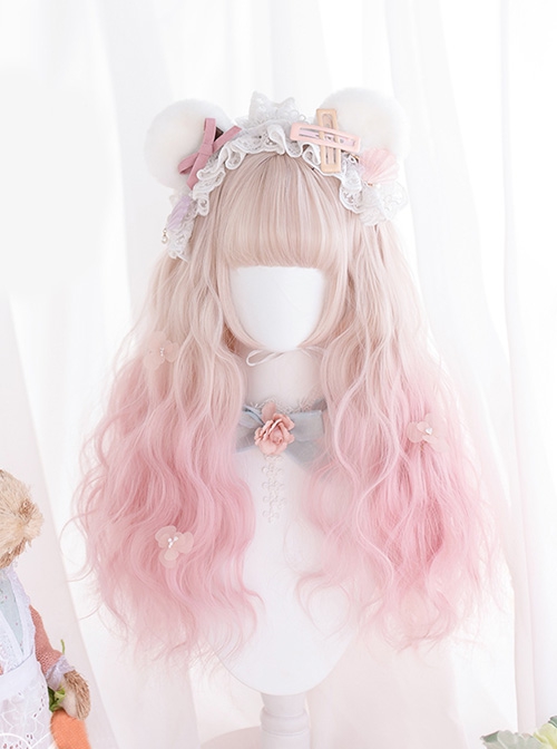 Cherry Blossom Puff Series Harajuku Soft Girl Daily Pink Gradient Egg Roll Long Curly Hair Sweet Lolita Wig