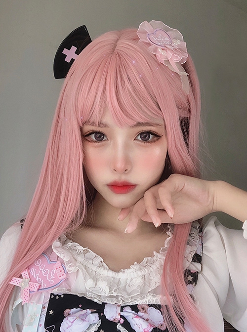 Pink Cute Girl Air Bangs Long Straight Hair Sweet Lolita Wig