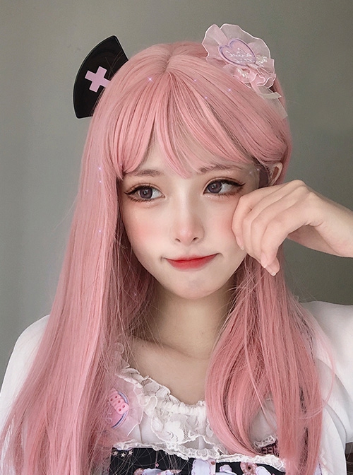 Pink Cute Girl Air Bangs Long Straight Hair Sweet Lolita Wig