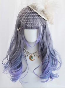 Blue-Purple Mixed Color Gradient Neat Bangs Long Curly Sweet Lolita Wig