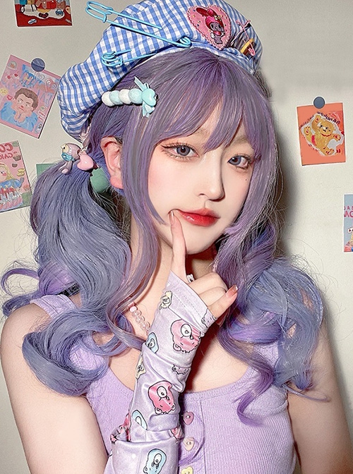 Blue-Purple Mixed Color Gradient Neat Bangs Long Curly Sweet Lolita Wig